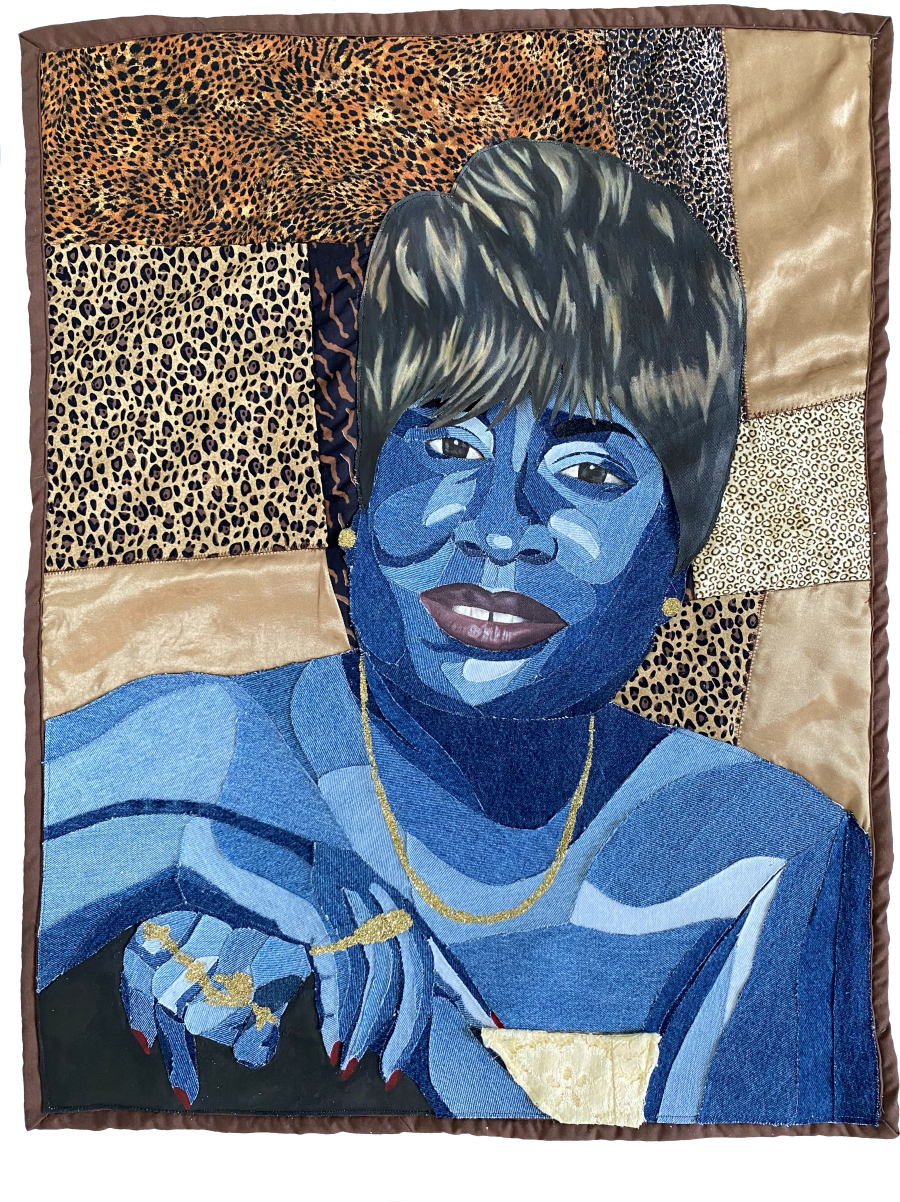 "They Call Me Mama".
Denim, acrylic, glitter, unstretched canvas, fabric scraps on self-made quilt.
25" x32".
2025