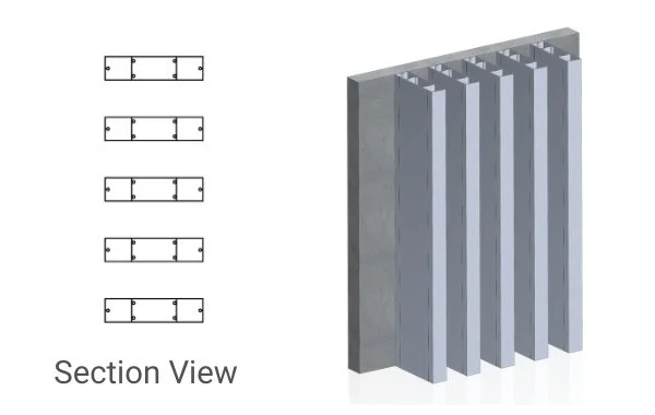 Diagram showing different section views and a 3D model of a reinforced concrete wall with vertical steel reinforcement bars.