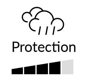 A weather icon depicting clouds and rain, with a protection label and a shield graphic indicating increasing protection level.