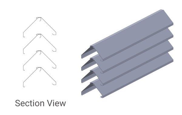 Diagram of four metal brackets and a three-dimensional sectional view of layered metal sheets, labeled 'Section View'.