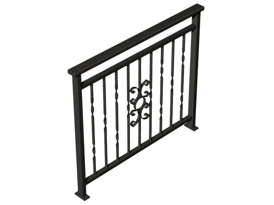 A 3D illustration of a black wrought iron fence with vertical bars, decorative twisted details, and a central ornamental design.