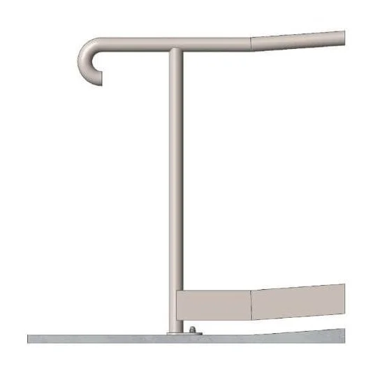 A metal frame with a hook at the top left, a vertical support, and a curved platform at the bottom right.