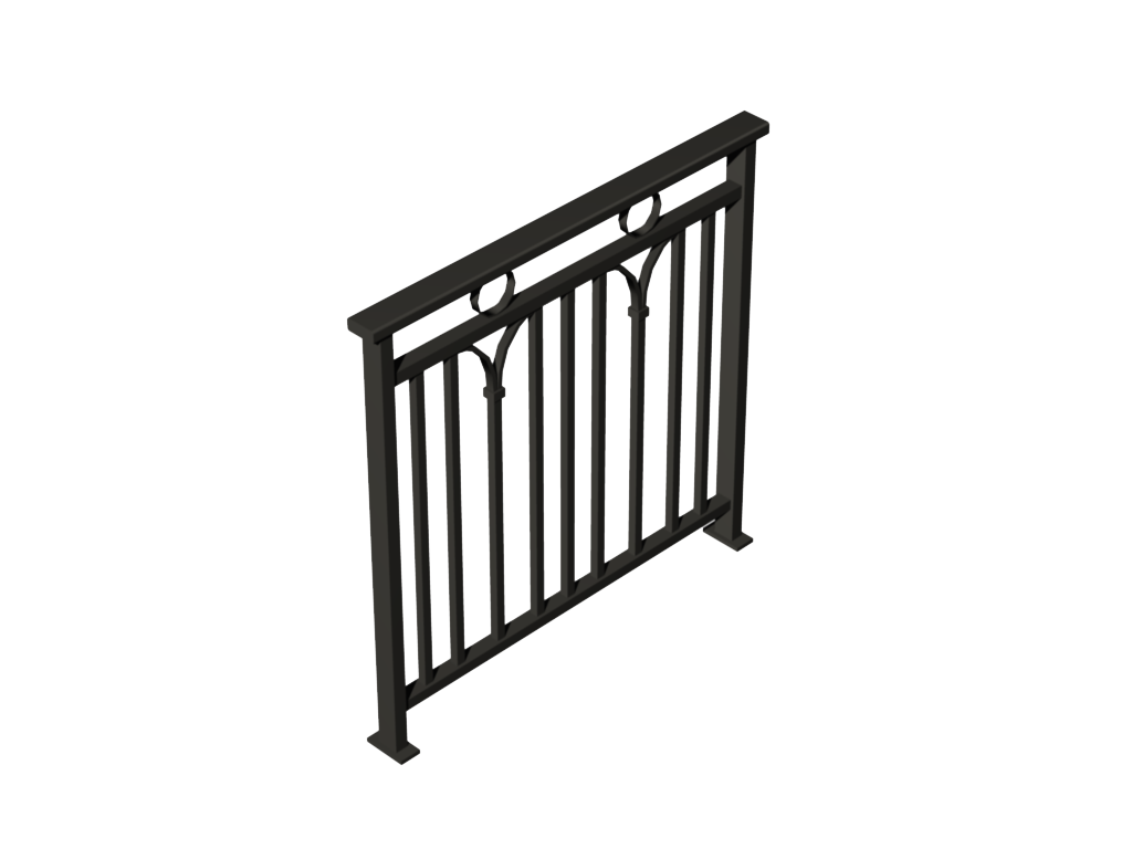 Black wrought iron railing with decorative circles and vertical bars.