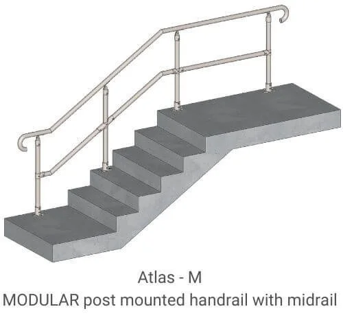 Modular post-mounted handrail system installed on outdoor concrete stairs with midrail for safety.