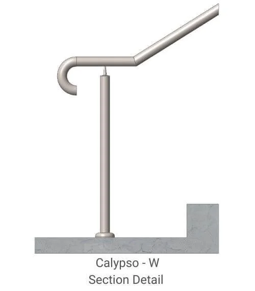 A detailed illustration of a calypso-W section detail showing a vertical pipe with an angled pipe extending from a curved pipe segment, mounted on a concrete base.