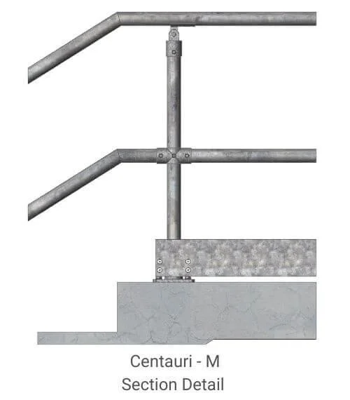 Section detail of a Centauri-M pipe system with metal pipes, joints, and concrete base.