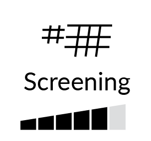 A logo with a hashtag and grid pattern, the word 'Screening,' and a horizontal bar with various shades of black and gray.
