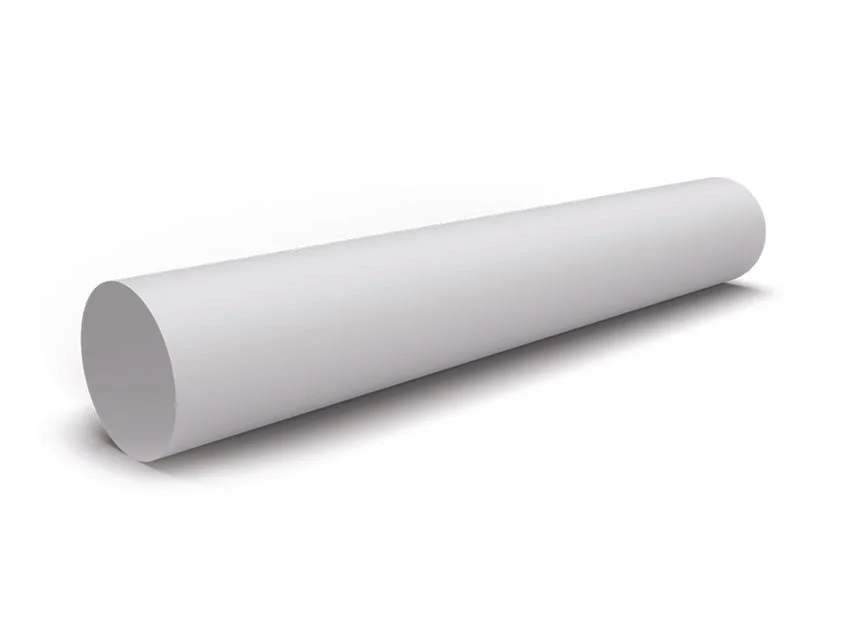 A white cylindrical tube lying diagonally on a white background.