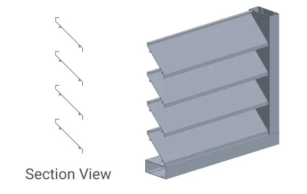 A 3D diagram of a multi-layered shelf unit with five angled shelves and hardware for assembly, shown in section view.