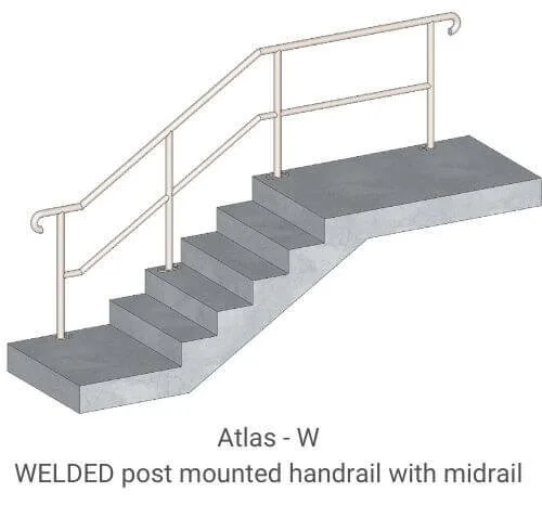 Concrete wheelchair ramp with welded post-mounted handrail and midrail
