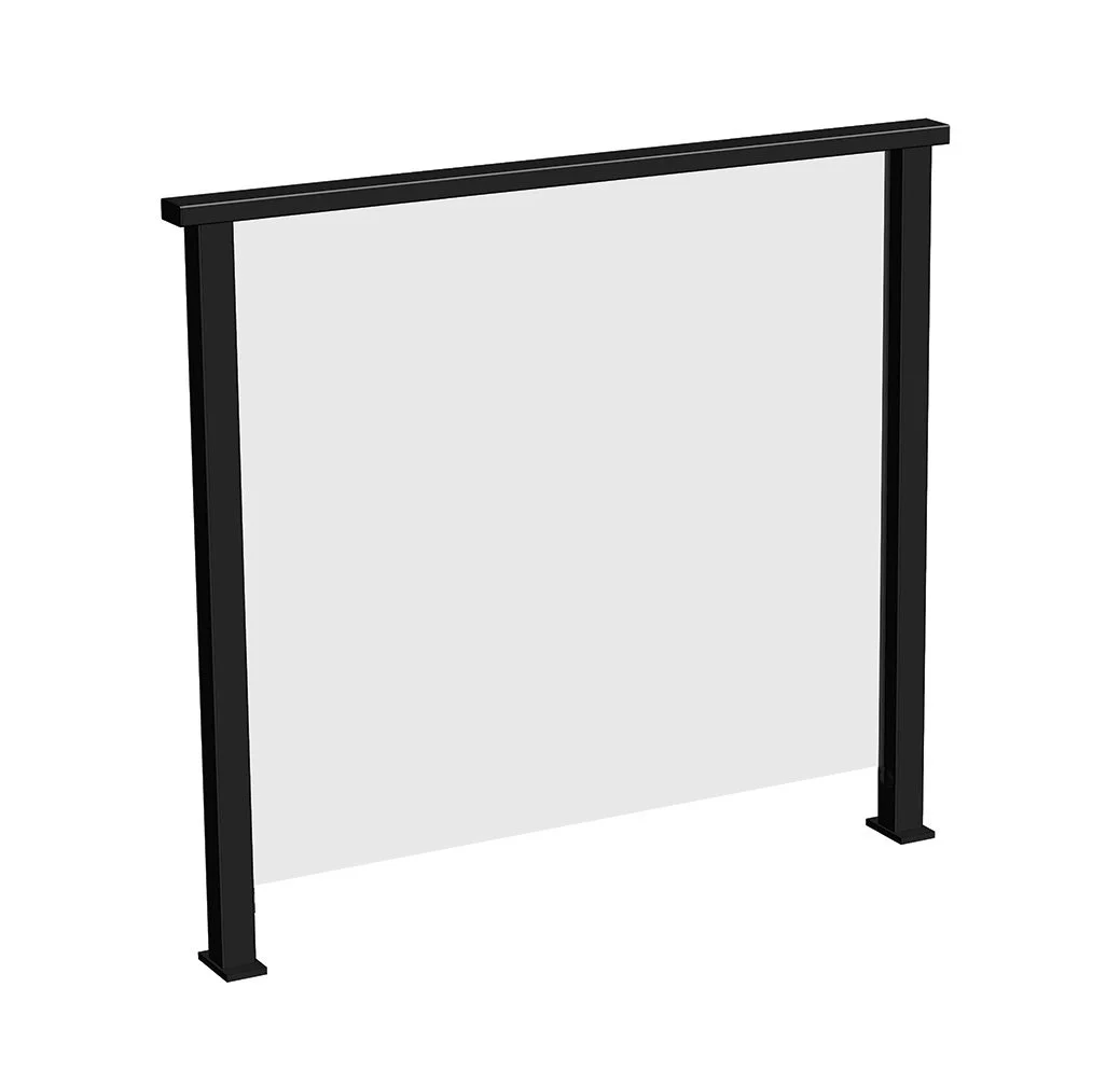 Frame with a transparent panel, likely a privacy or glass partition, with black metal support arms.