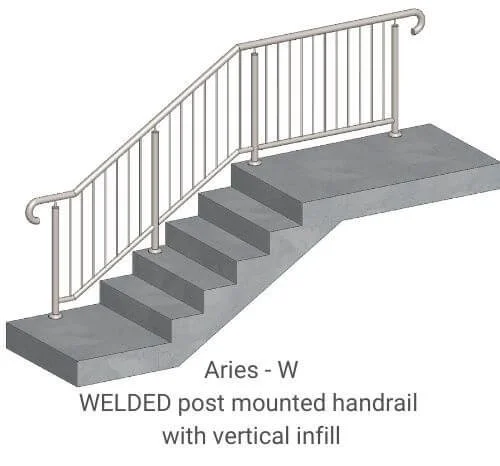 Illustration of concrete stairs with welded post-mounted handrail and vertical infill, labeled Aries - W.