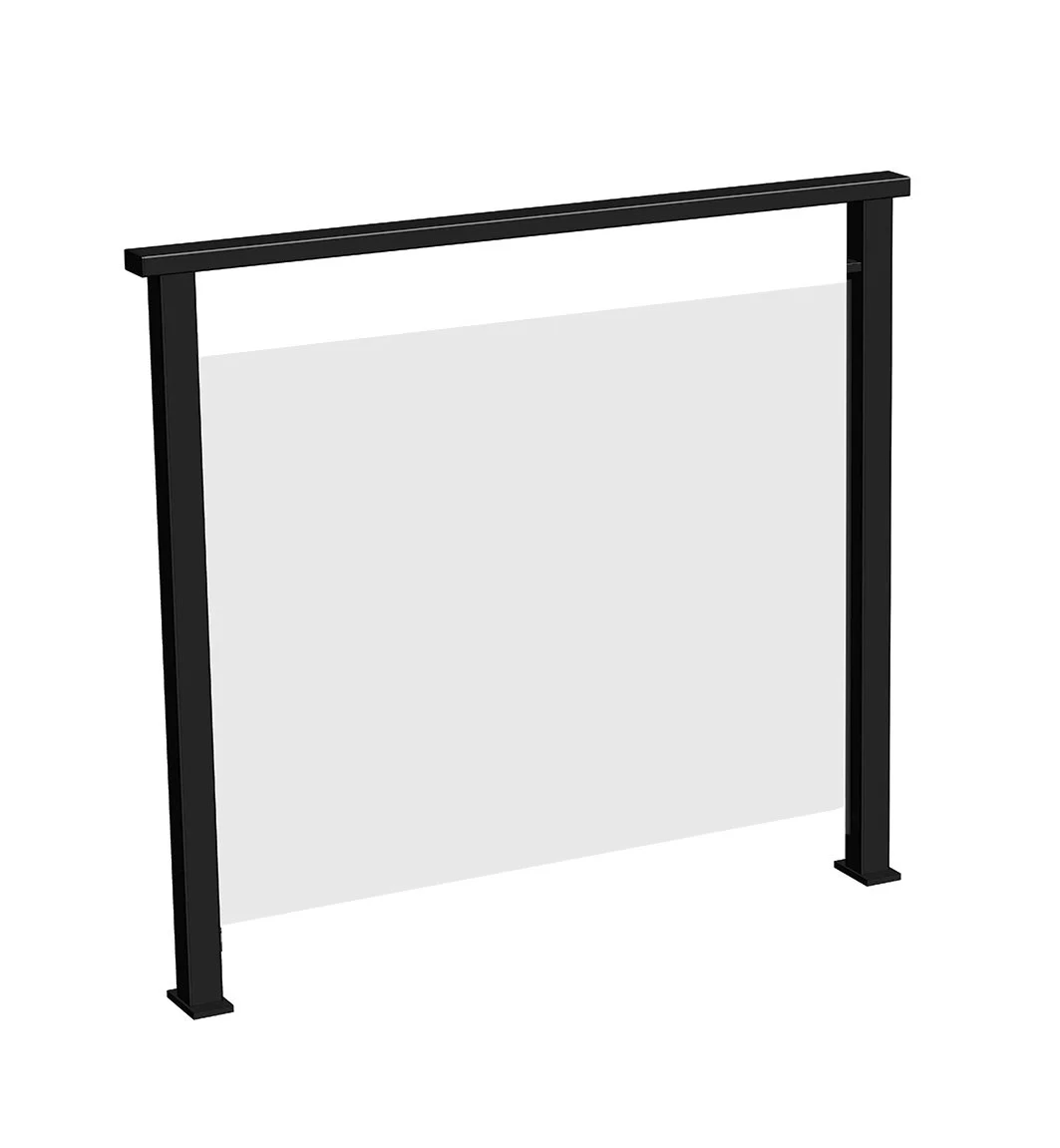 A partition with a black metal frame and a clear glass panel.