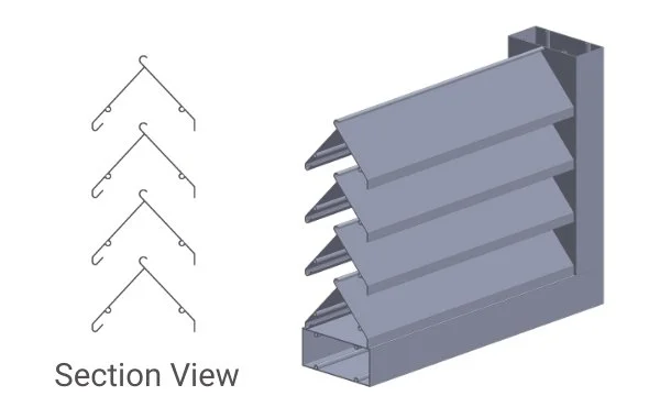Diagram of a multi-tiered, angled slatted storage unit with a section view showing hooks and hooks diagram.