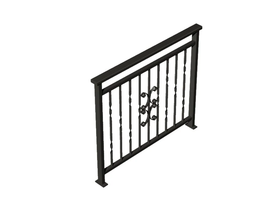 Black wrought iron safety gate with decorative scrollwork in the center.