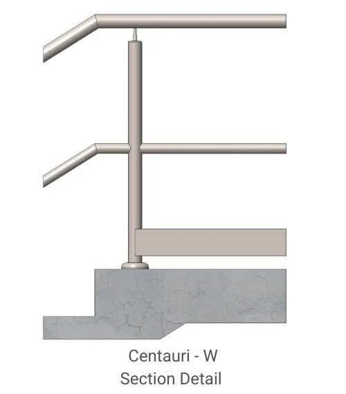 Engineering section detail of a railing mounted on a concrete step, labeled 'Centauri - W Section Detail'.