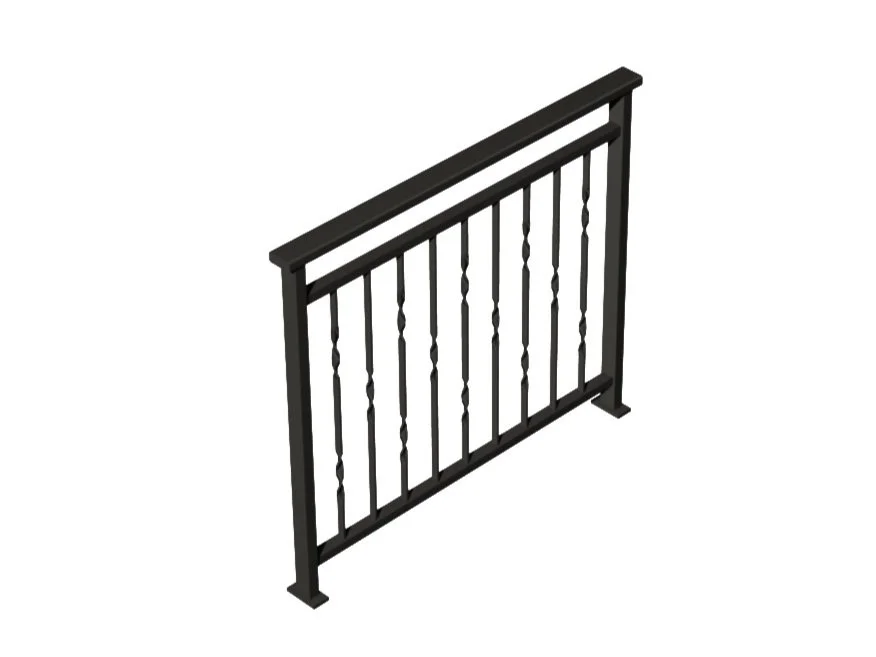 A black metal railing with vertical balusters and a top handrail, shown in an isometric view.
