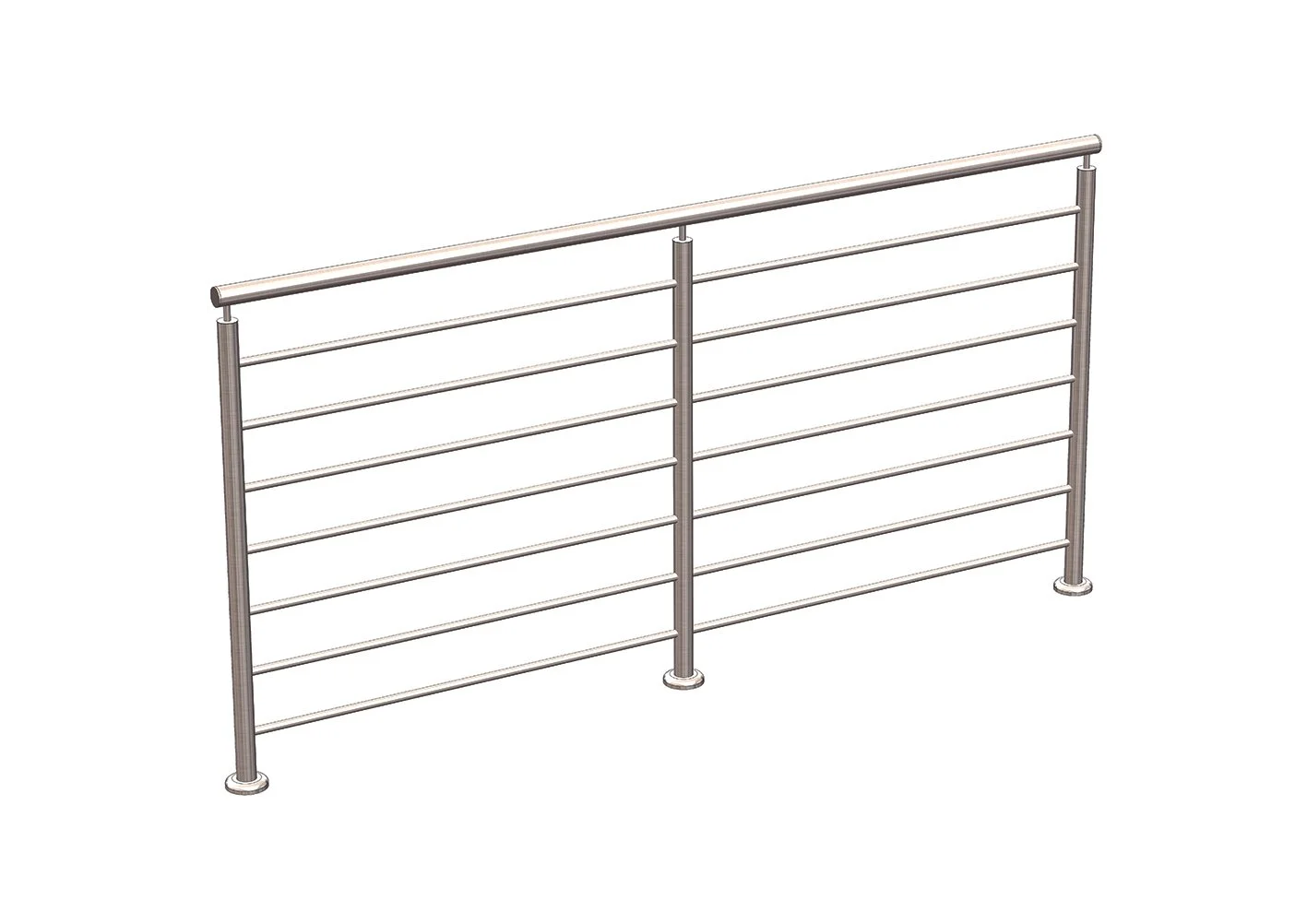 Stainless steel railing with vertical support posts and horizontal bars, used as a safety barrier.