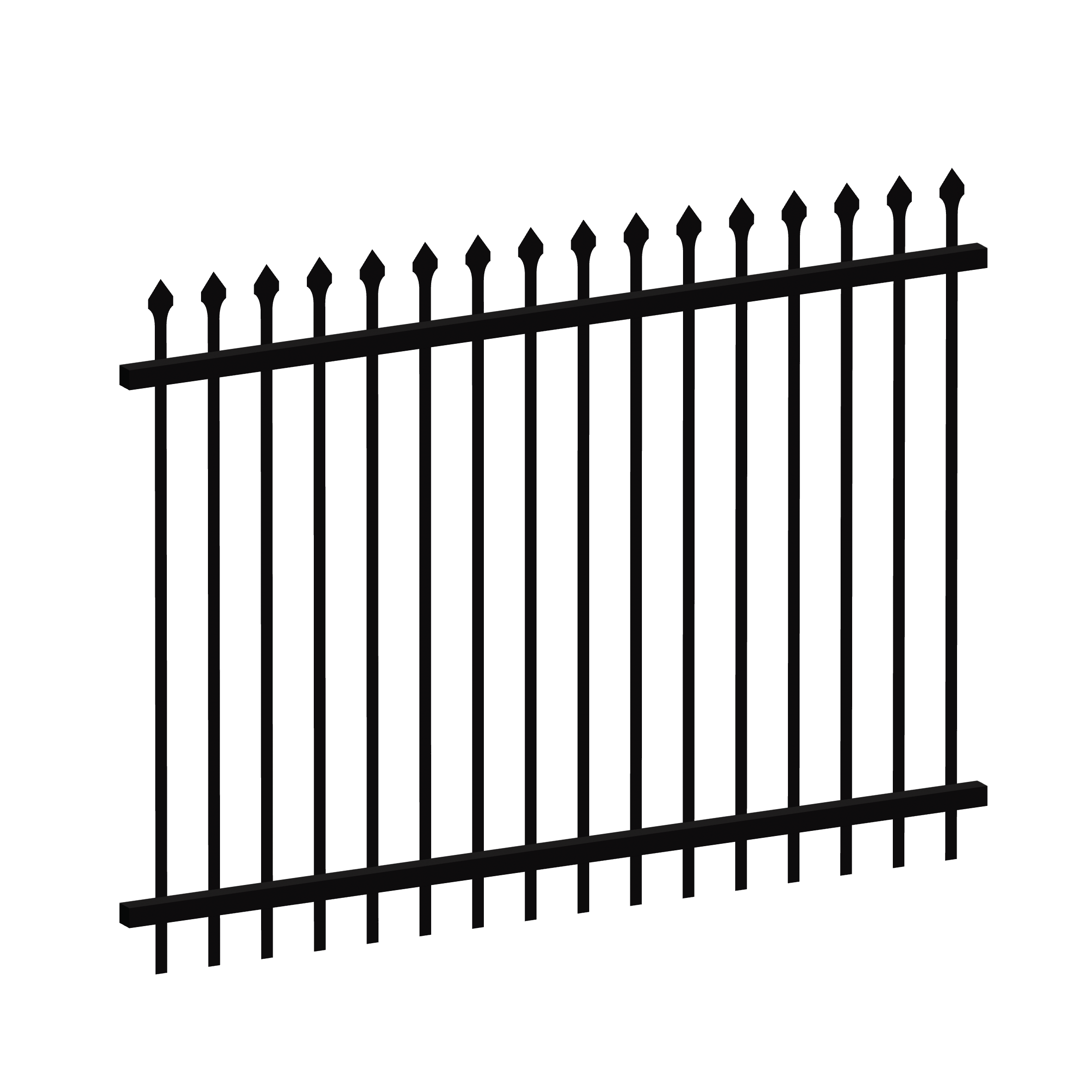 A black wrought iron fence with pointed finials at the top of each picket.