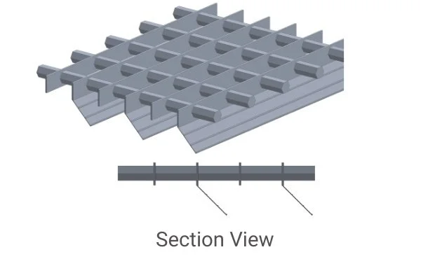 Diagram of a gated compound or parking area with evenly spaced parking barriers, shown in section view.