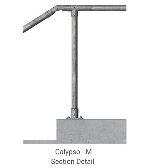 Close-up of a metal pipe structure on a concrete foundation, labeled Calypso - M Section Detail.