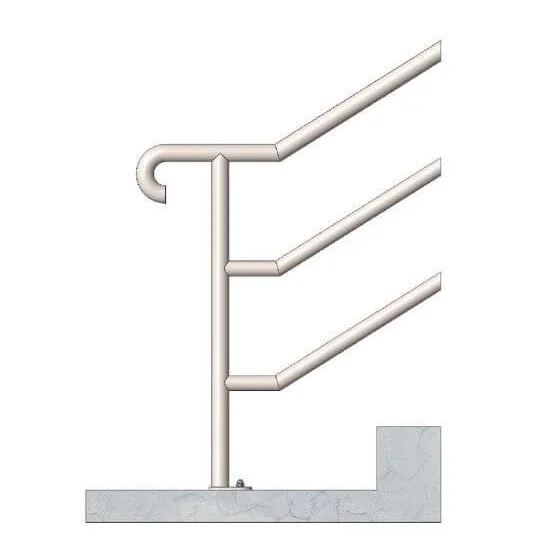 A modern, abstract metal sculpture with three angled horizontal bars attached to a curved vertical support, mounted on a concrete base.