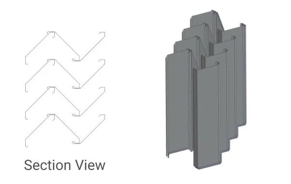 Diagram and 3D rendering of metal brackets separate from a parallel stacking assembly, labeled as 'Section View'.