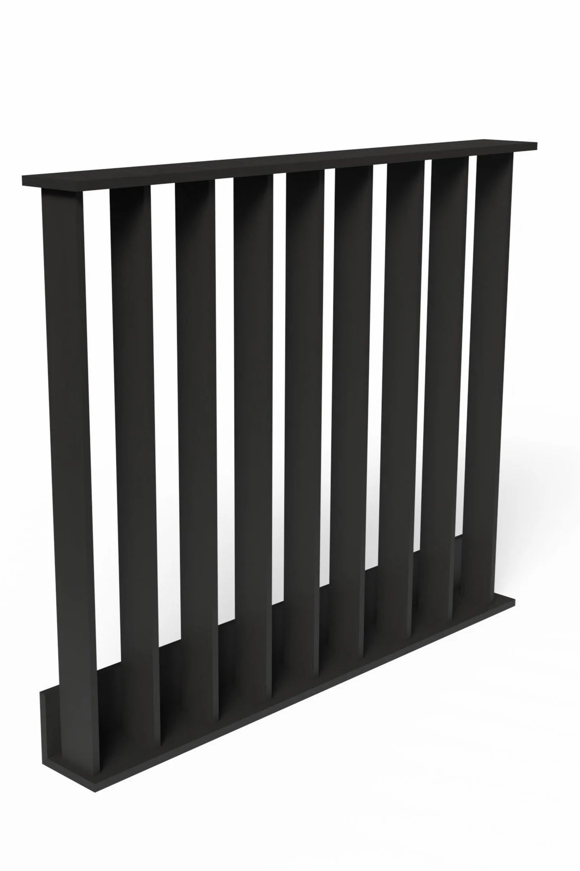 Black wooden railing or fence section with vertical slats and a flat top and bottom rail