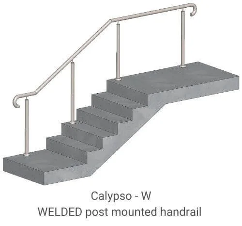 Concrete stairs with metal handrails on both sides and a sloped surface at the top, labeled as Calypso - W welded post mounted handrail.