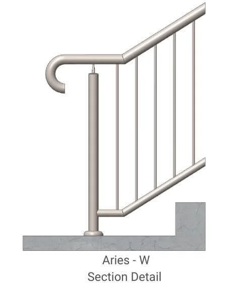 Illustration of a metal railing with a hook on top, mounted on a concrete surface, labeled as Aries - W section detail.