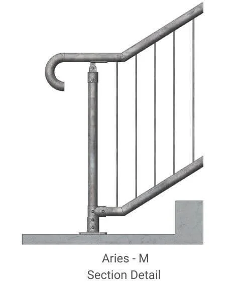 A metal railing with a curved section at the top, vertical rods, and a horizontal bottom rail, attached to a concrete base
