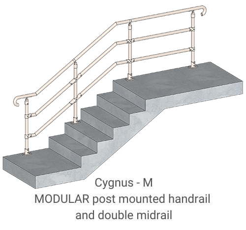 Illustration of a modular post-mounted handrail with double midrail on concrete stairs, labeled as Cygnus - M.