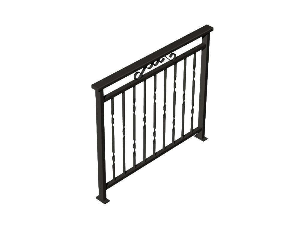 Black metal railing with vertical bars and decorative top