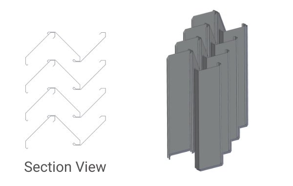 Diagram and 3D model of a metal panel assembly with multiple panels stacked and labeled 'Section View'.
