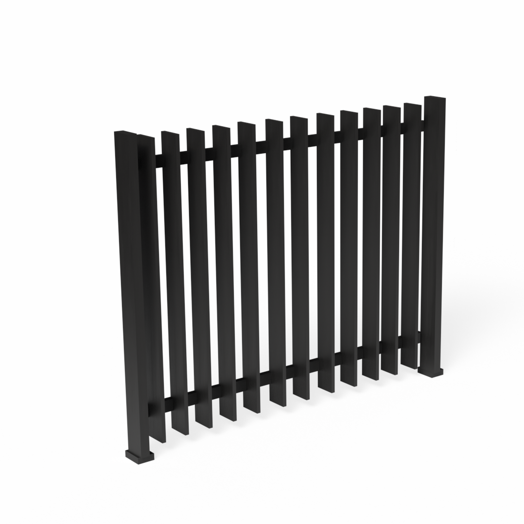 Black metal fence with vertical slats on a white background.