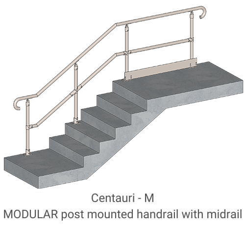 Diagram of a modular post-mounted handrail with midrail installed on concrete stairs.