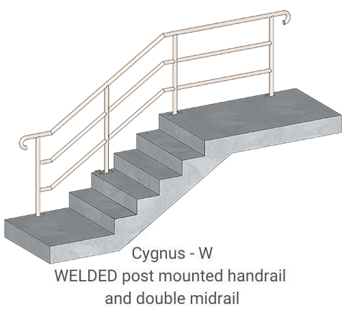 Illustration of a concrete staircase with a welded post-mounted handrail and double midrail, labeled Cygnus-W.