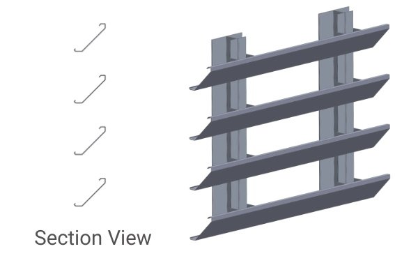 Diagram showing four hooks and a steel structure with four slanted beams in side view.