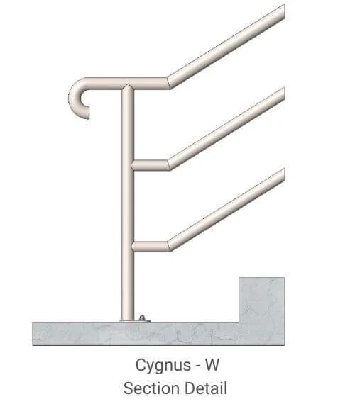 Diagram of a piping system labeled Cygnus W, showing a vertical pipe connected to three angled pipes extending outward, with a foundation at the bottom.