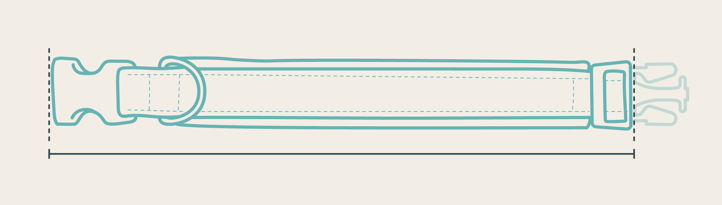 Illustration eines Gürtels mit Schnalle in blauer Linie auf hellem Hintergrund, mit gestrichelten Linien und Längenmarkierungen dargestellt.