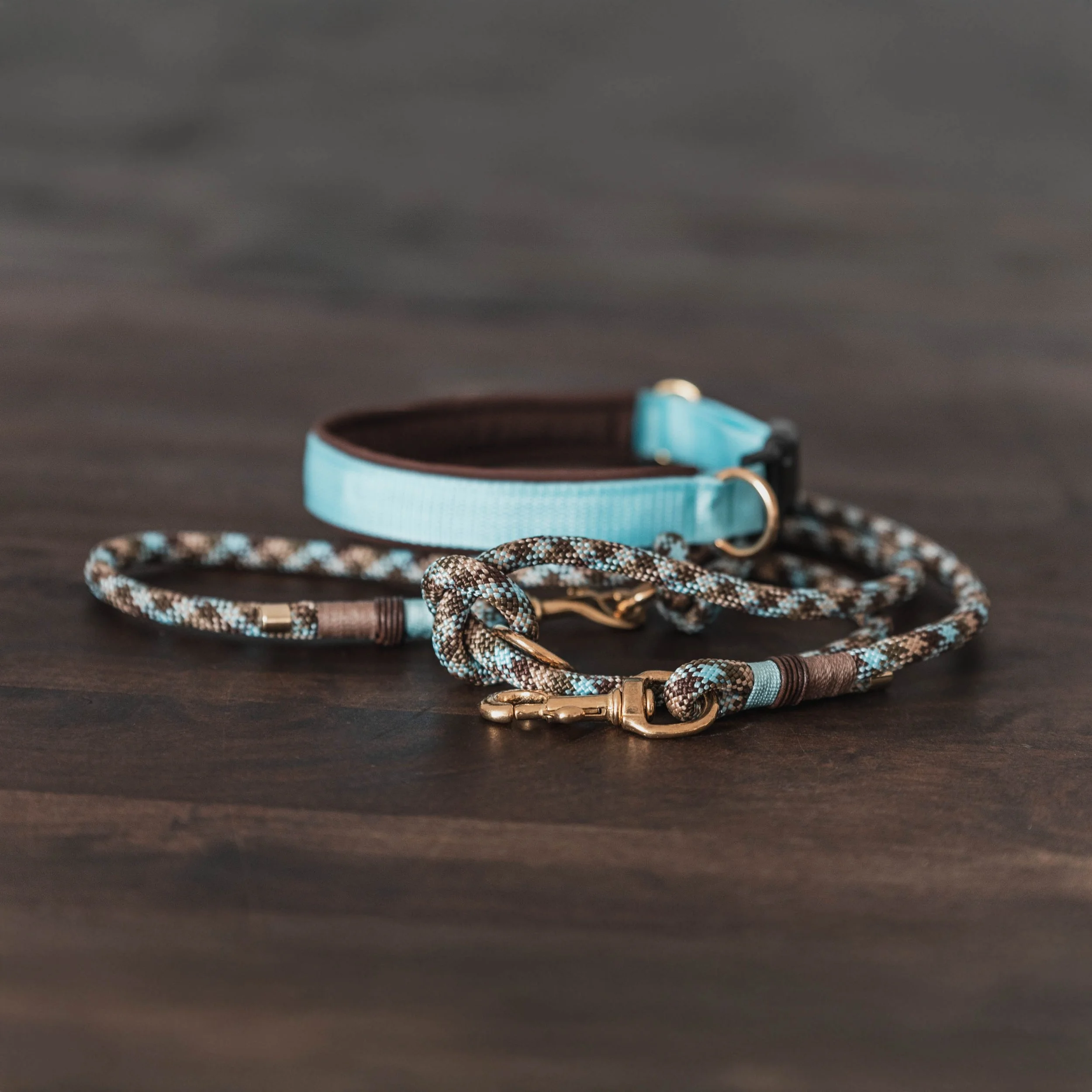 Blau-braunes Hundehalsband und Hundeleine auf Holztisch.