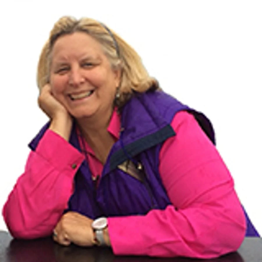 A woman in a pink shirt and purple vest