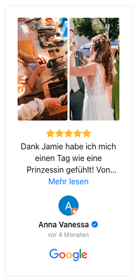 Das Bild ist eine Collage aus Bewertung und Fotos für einen Hochzeitsdienstleister namens "Stein & Seide Brautstyling". Zu sehen ist die Braut und ihre Bewertung, welche Jamie für ihre professionelle Arbeit lobt.