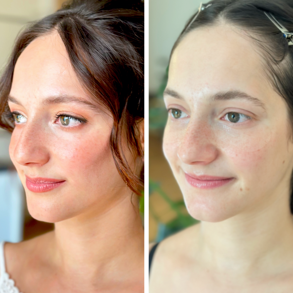 Zwei Frauen, eine mit braunen, gewellten Haaren und die andere mit nassen, schwarzen Haaren, beide mit natürlichem Make-up, blickend in die Ferne.