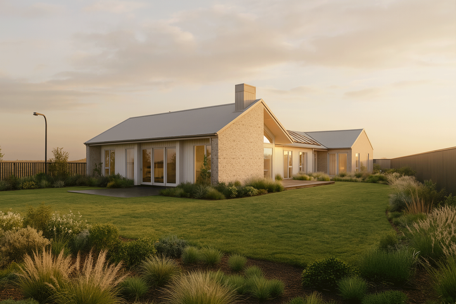 Modern single-story house with white siding, brick accents, and large glass doors, surrounded by landscaped yard and greenery at sunset.