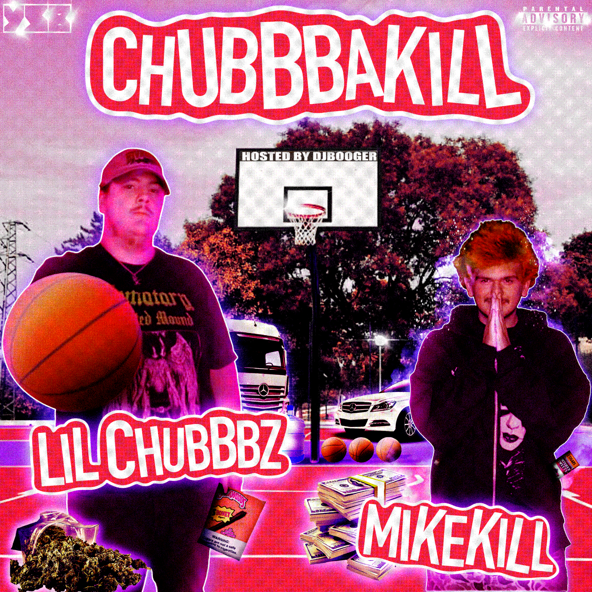 A digital collage featuring two young men standing on a basketball court with a basketball, stacks of money, and packs of marijuana in front. The left young man wears a red cap and a black T-shirt with a graphic, holding a basketball. The right young man has orange hair, with hands pressed together near his face. The background shows trees, parked cars, and a basketball hoop. Text includes "Chubb Bkill" at the top, and the names "Lil Chubbz" and "Mikekill" below their images, with a purple glow effect and a parental advisory label.