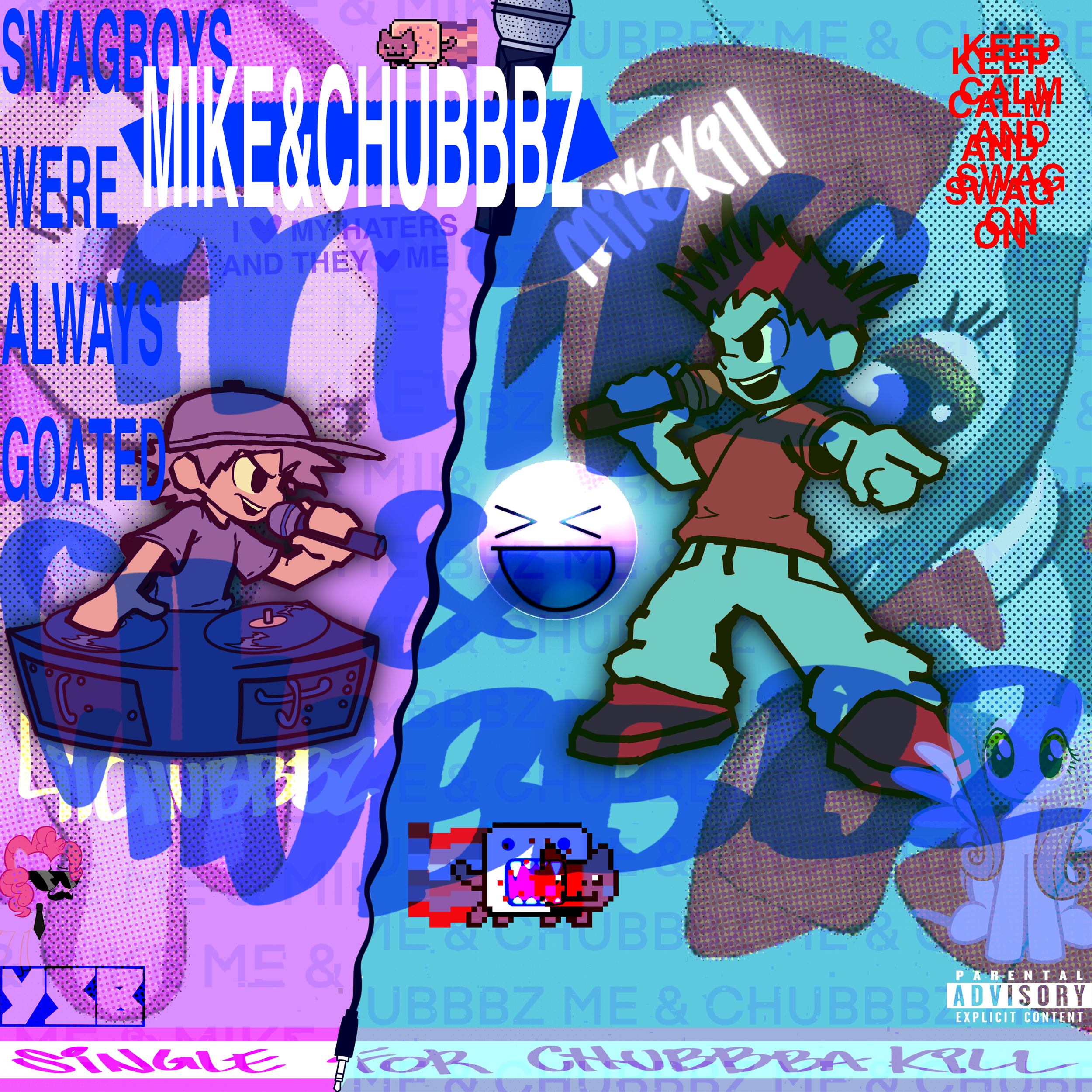 A digital collage features characters Mike and Chubbz, stylized in a cartoonish, pixel art style, holding microphones. The background is a mix of vibrant colors with overlapping text, including phrases like "SWAGBOYS," "WE'RE MIKE & CHUBBZ," and "KEEP CALM AND SWAG ON." Various icons and characters, like a small pixelated Thwomp, a JoJo's Bizarre Adventure meme, and a smiling face, are included throughout the composition. The overall aesthetic is energetic and playful, blending music, internet culture, and pop art elements.