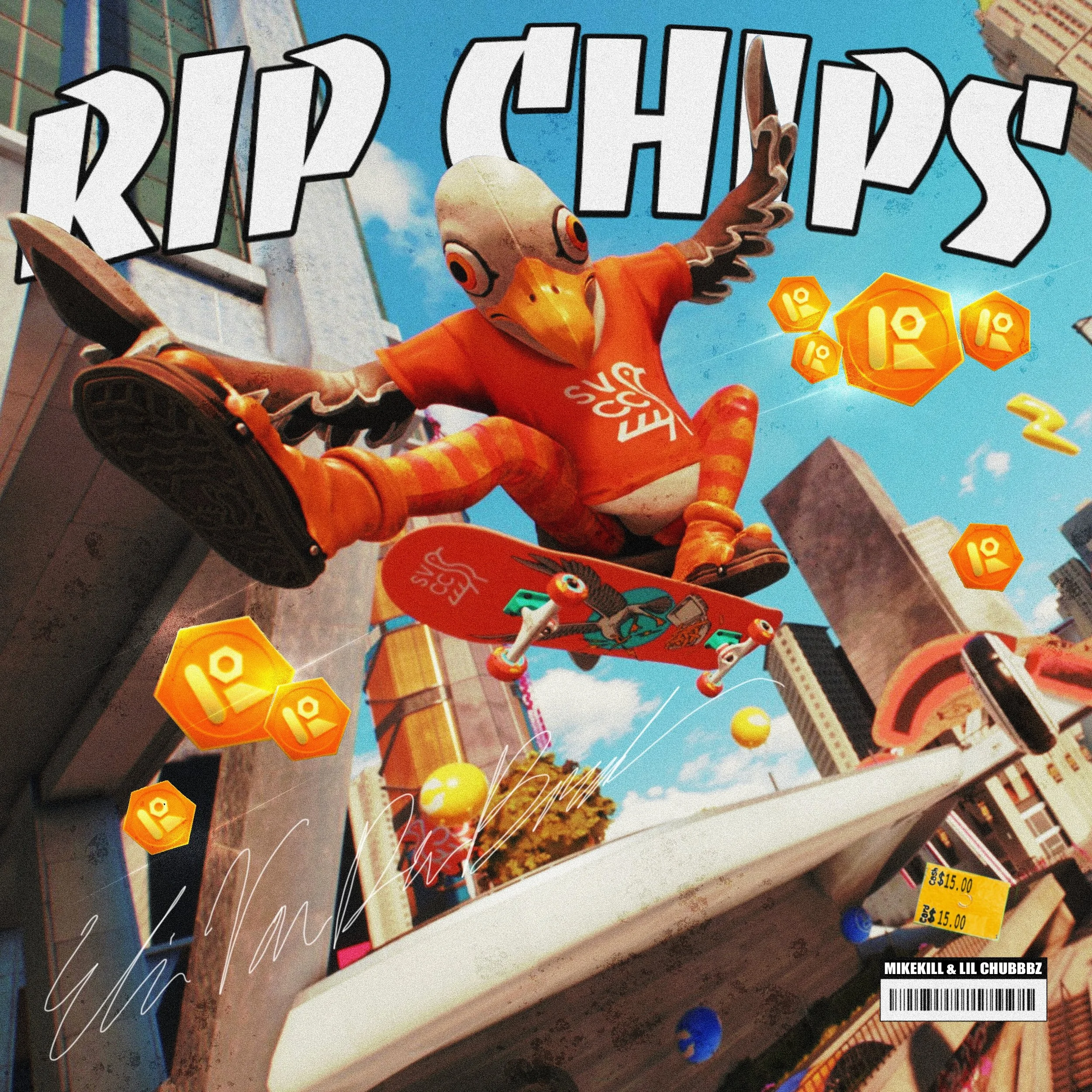 A cartoon bird skateboarder in an orange shirt and orange shoes performing a trick in mid-air above a city street with skyscrapers, flying coins, and a building with signs, with the text 'RIP CHIPS' at the top.