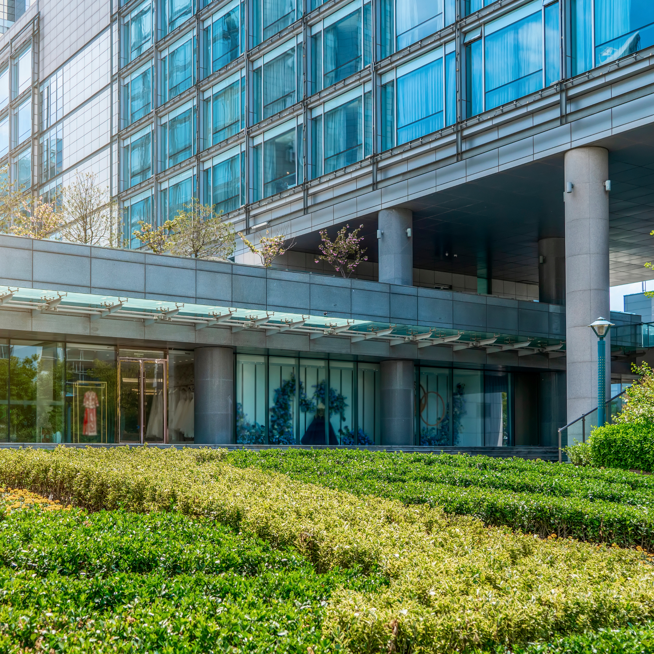 Modern office building with glass windows and landscaped greenery in foreground