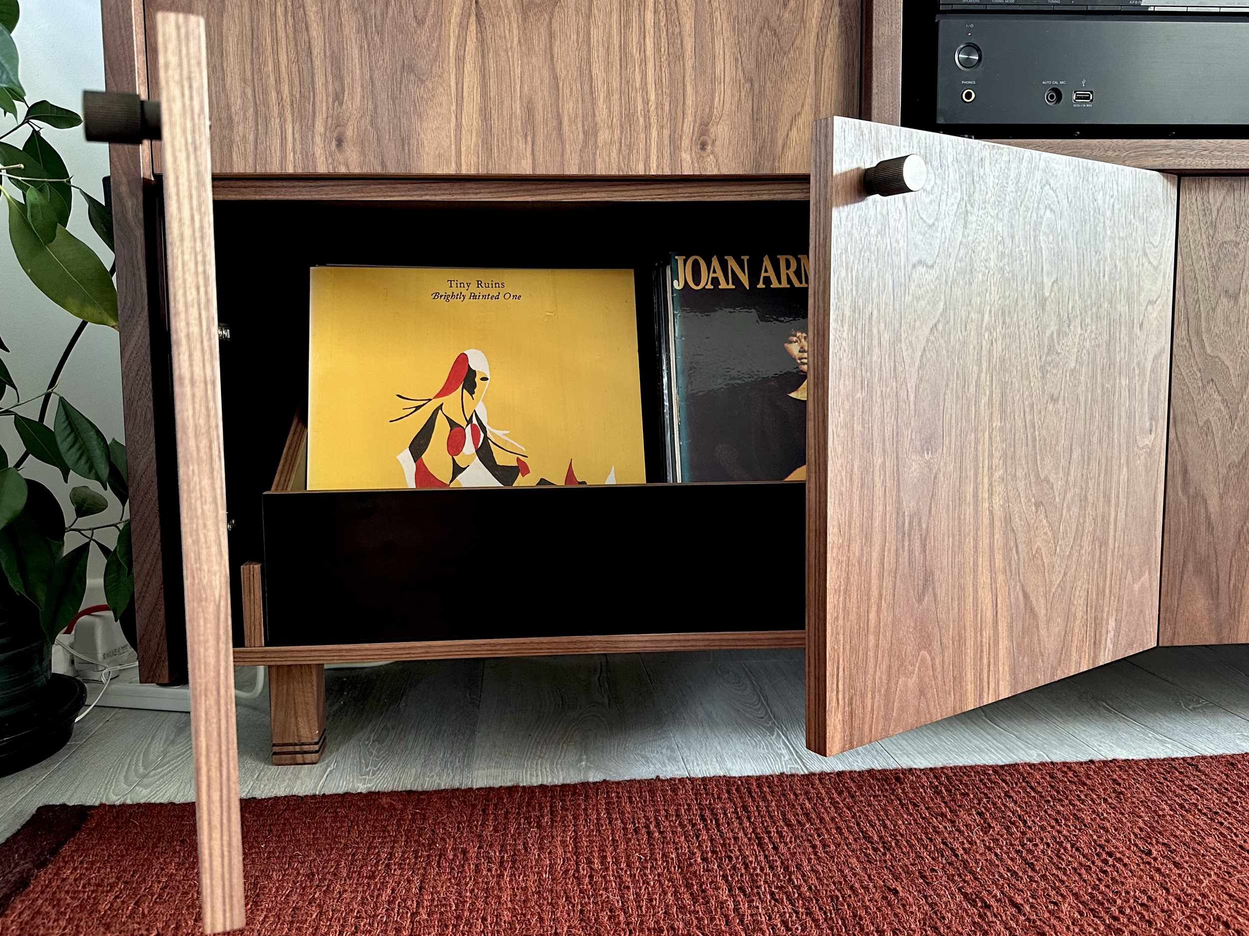 Walnut / Custom sideboard with hidden internal slider drawers for vinyls / Whangamatā, 2025